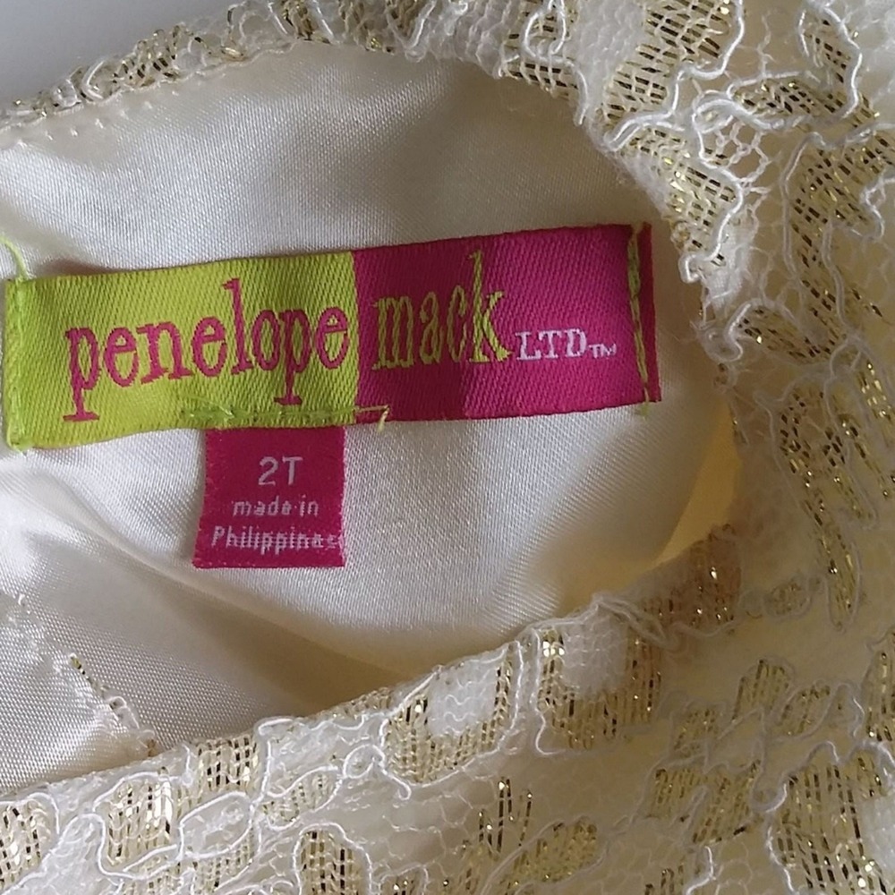 Penelope Mack Special Occasion Dress Girls 2T Cream Gold Metallic Lace Rosette - Picture 8 of 12